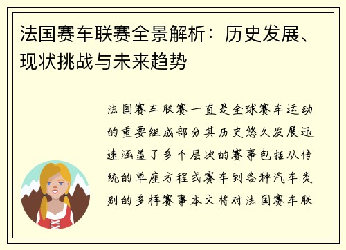 法国赛车联赛全景解析：历史发展、现状挑战与未来趋势