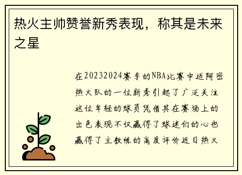 热火主帅赞誉新秀表现，称其是未来之星